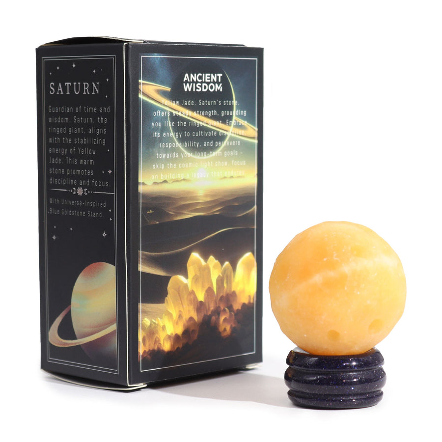 Planète Saturne en jade jaune sur socle solaire · 40mm