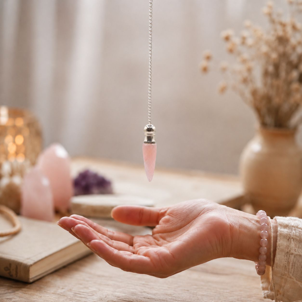 Pendule de la vérité à cavité secrète — Quartz rose · Argenté
