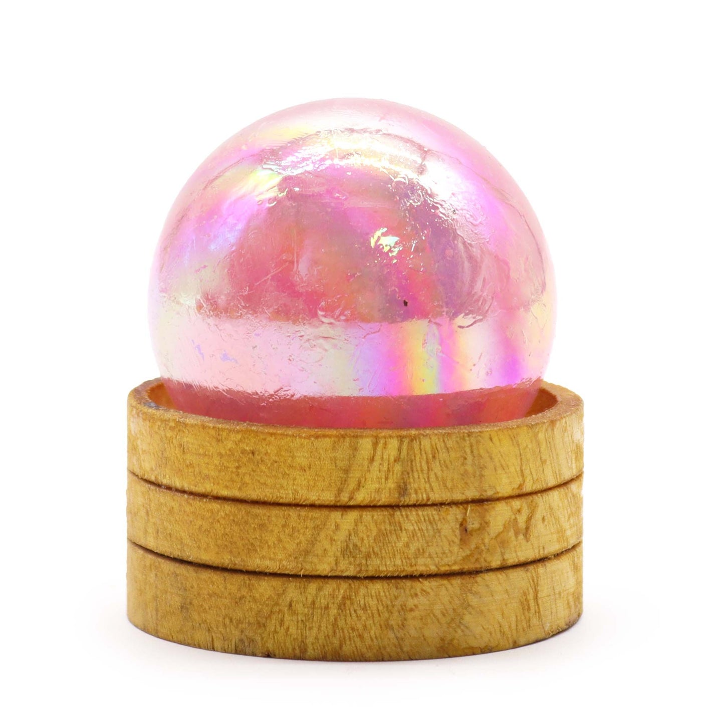 Sphère sur socle — Quartz rose aura de titane · 50 mm