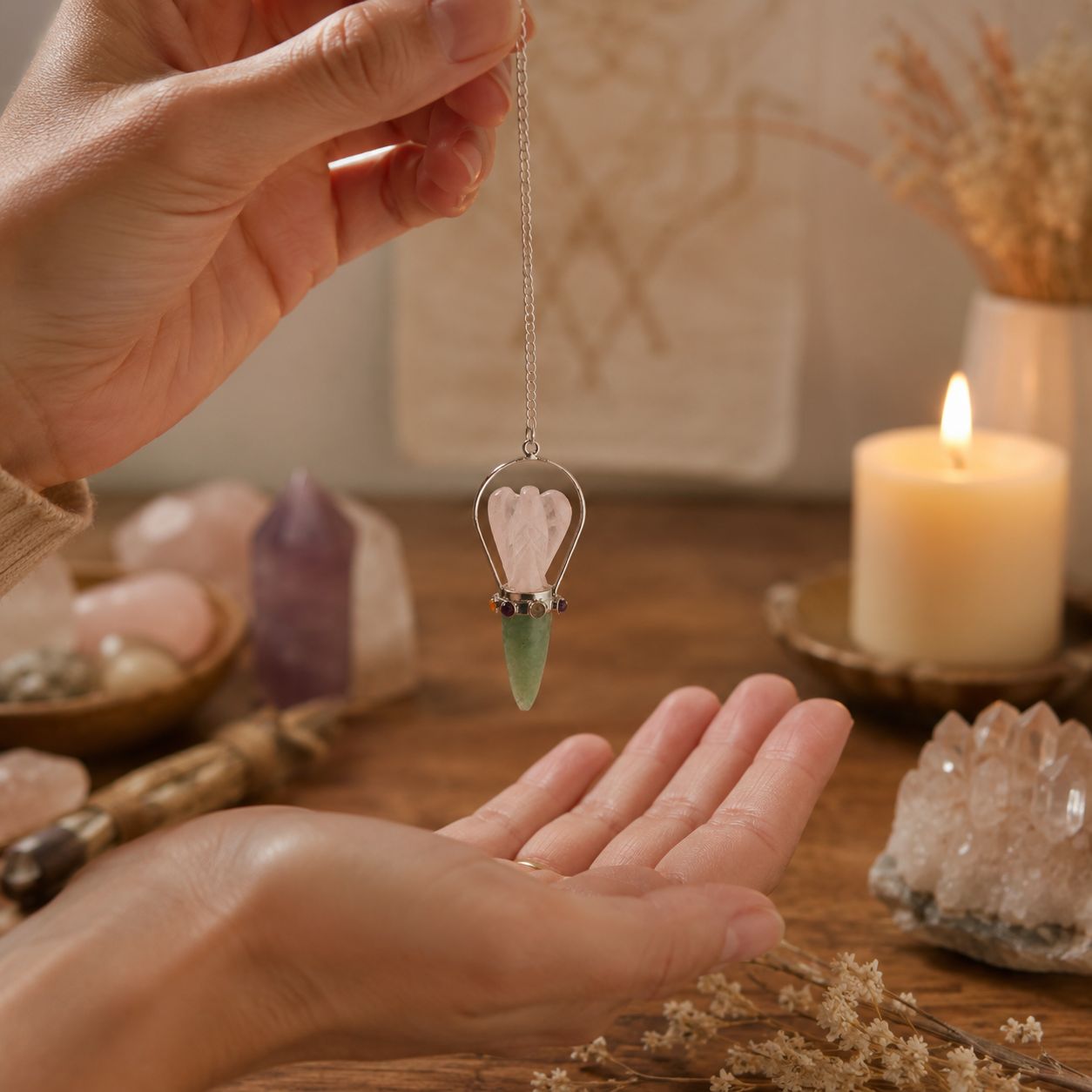 Pendule L’Oracle du cœur — Ange deux pièces · Quartz rose & aventurine verte