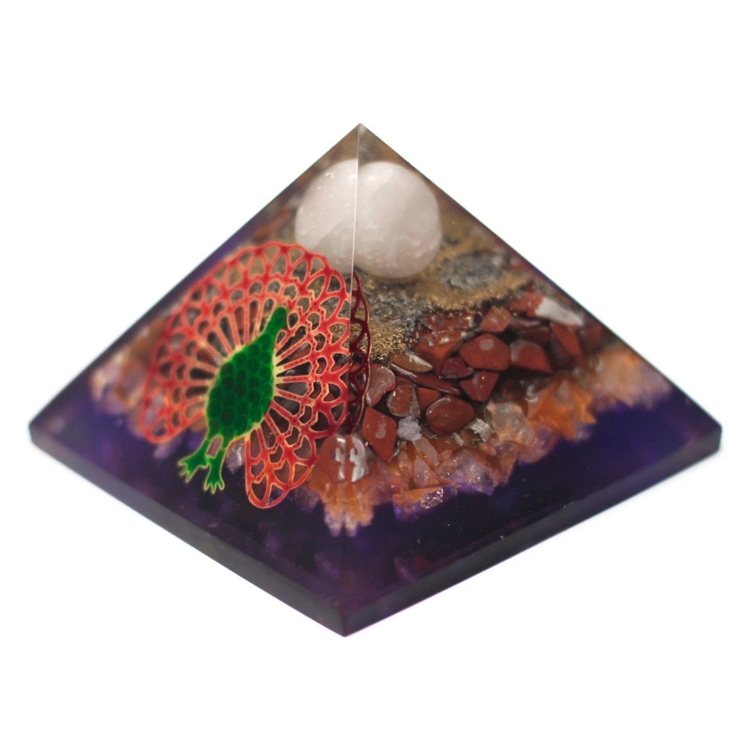 Grande pyramide d’orgonite — Paon · 70mm