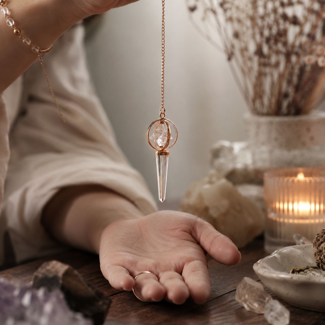 Pendule Stellar Gateway — Étoile Merkaba pivotante · Cuivre & cristal de roche