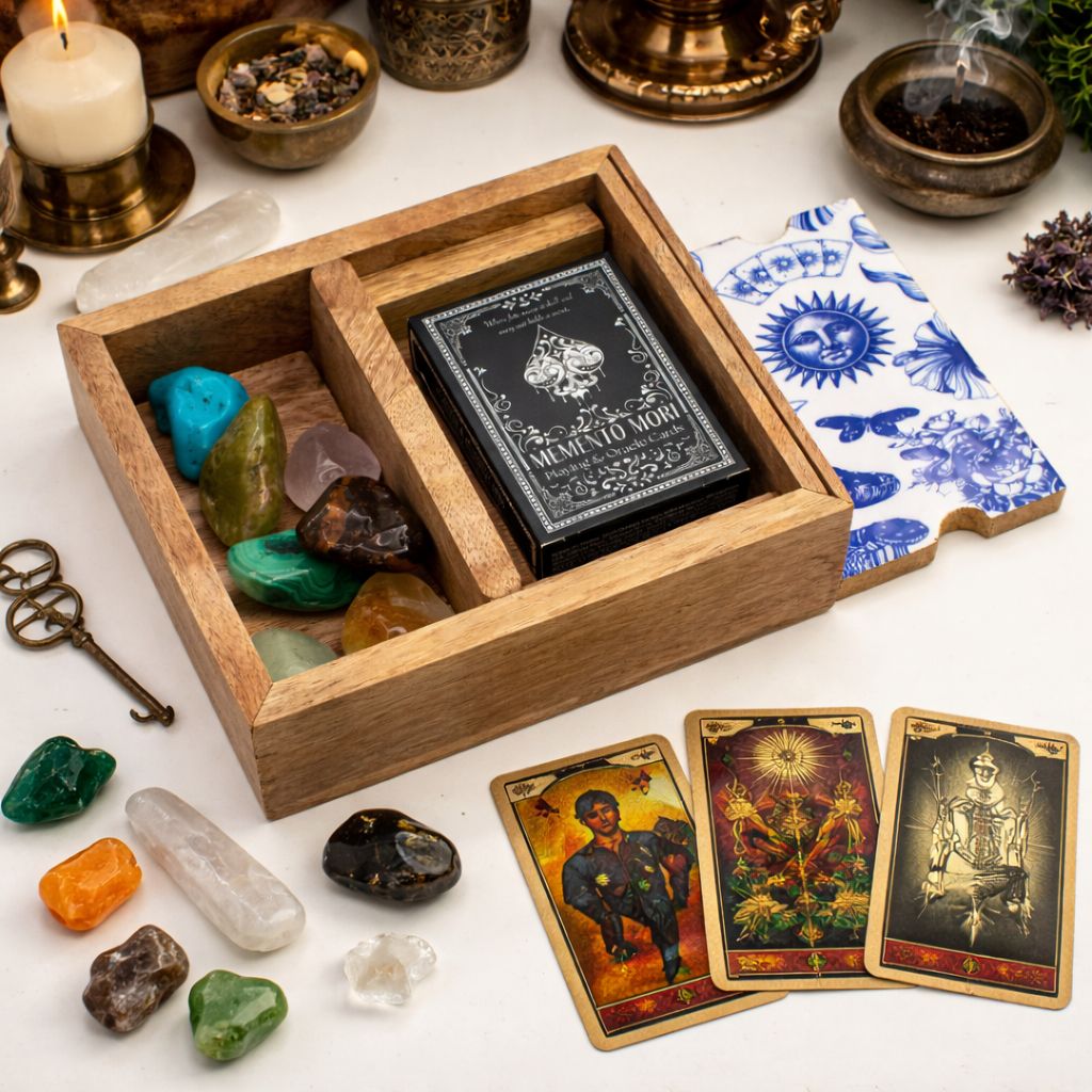 Coffret de tarot à deux sections sur socle pour cartes