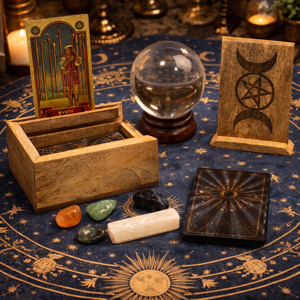 Petit coffret de tarot sur socle pour cartes