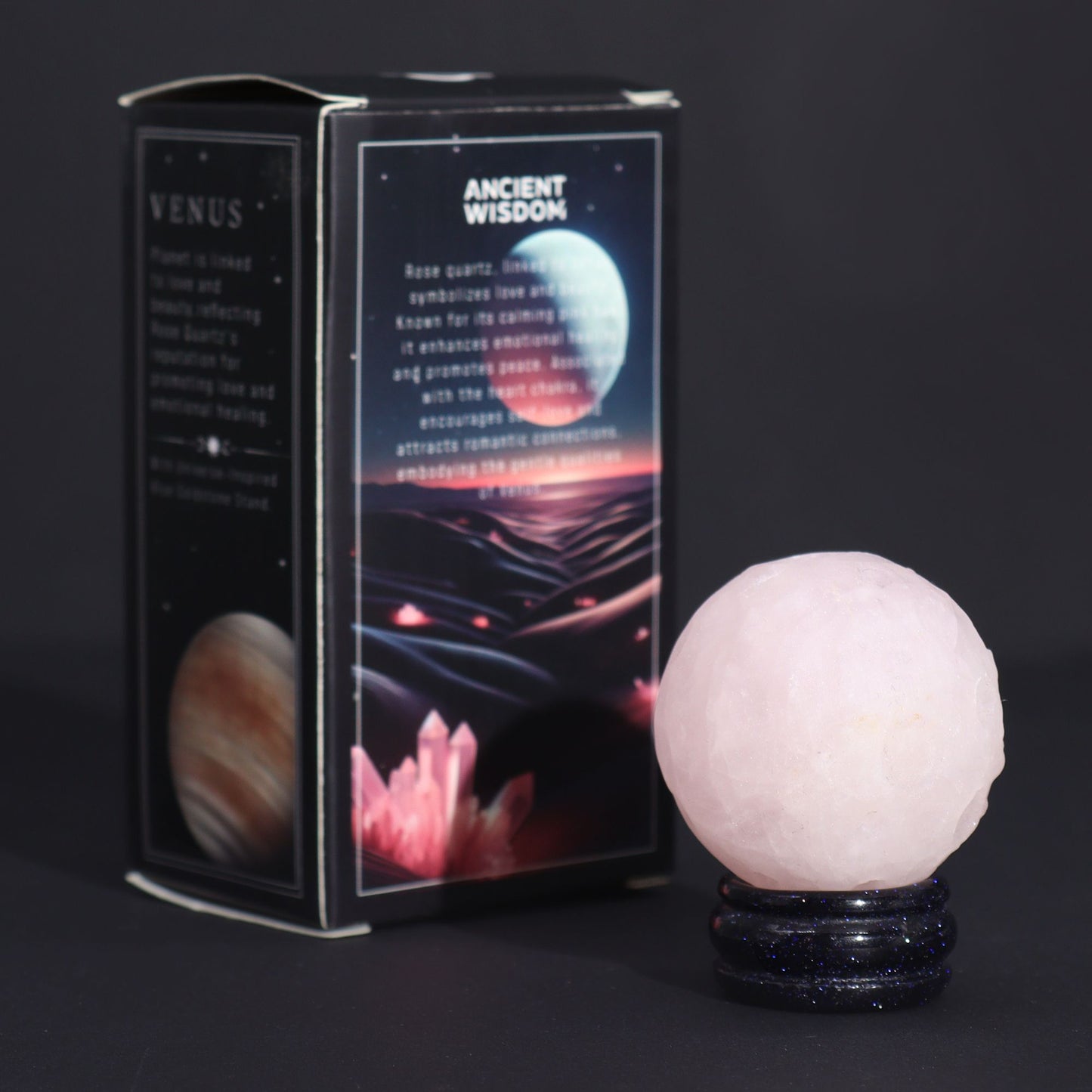 Planète Vénus en quartz rose sur socle solaire · 40mm