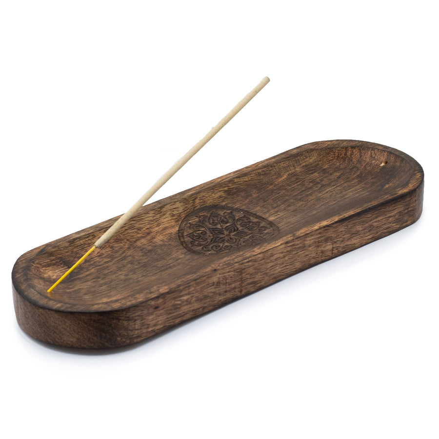 Plateau à encens en bois de manguier — Mandala · 30 × 10 cm