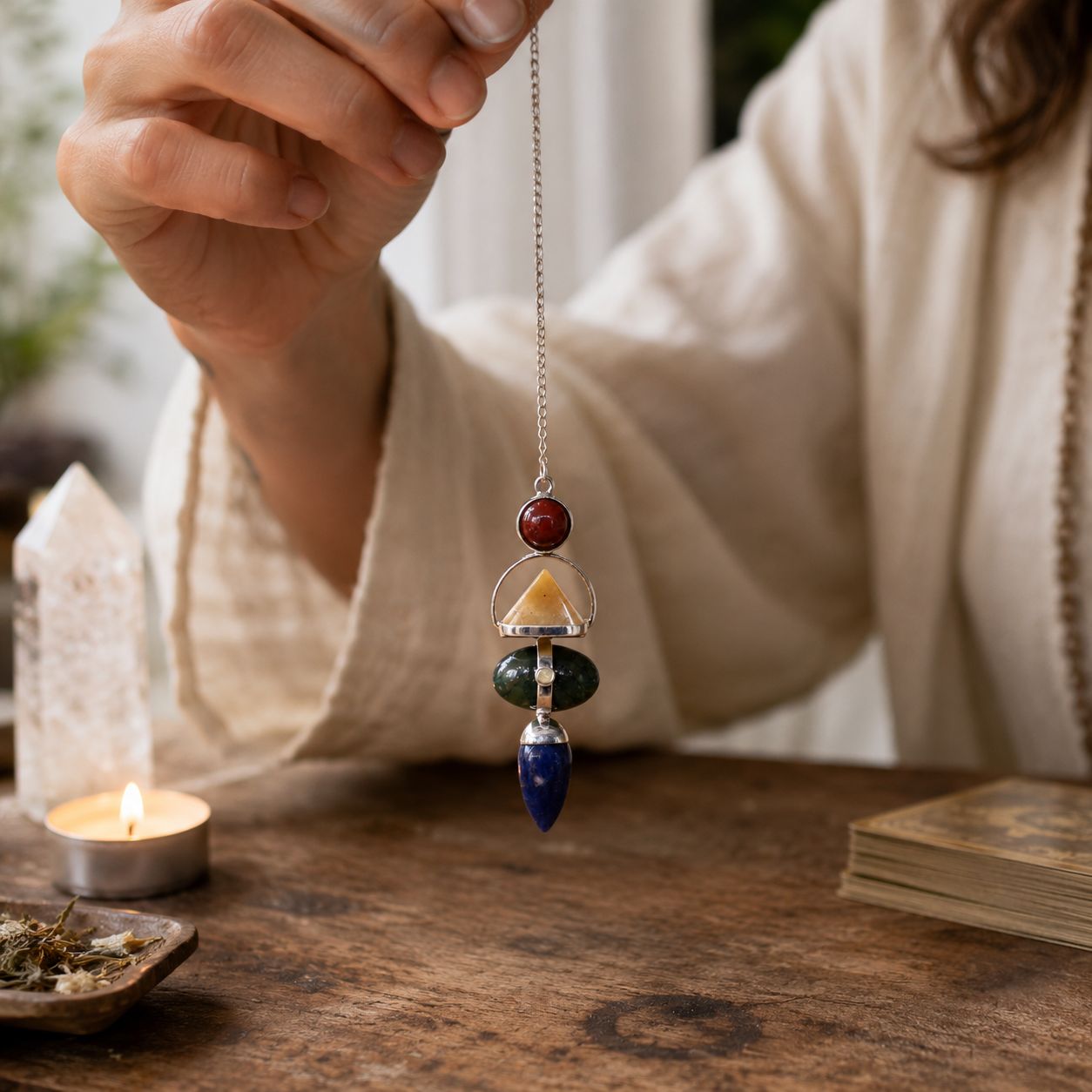 Pendule Quatre Éléments — Jaspe rouge, aventurine jaune, agate mousse, sodalite & pierre de lune