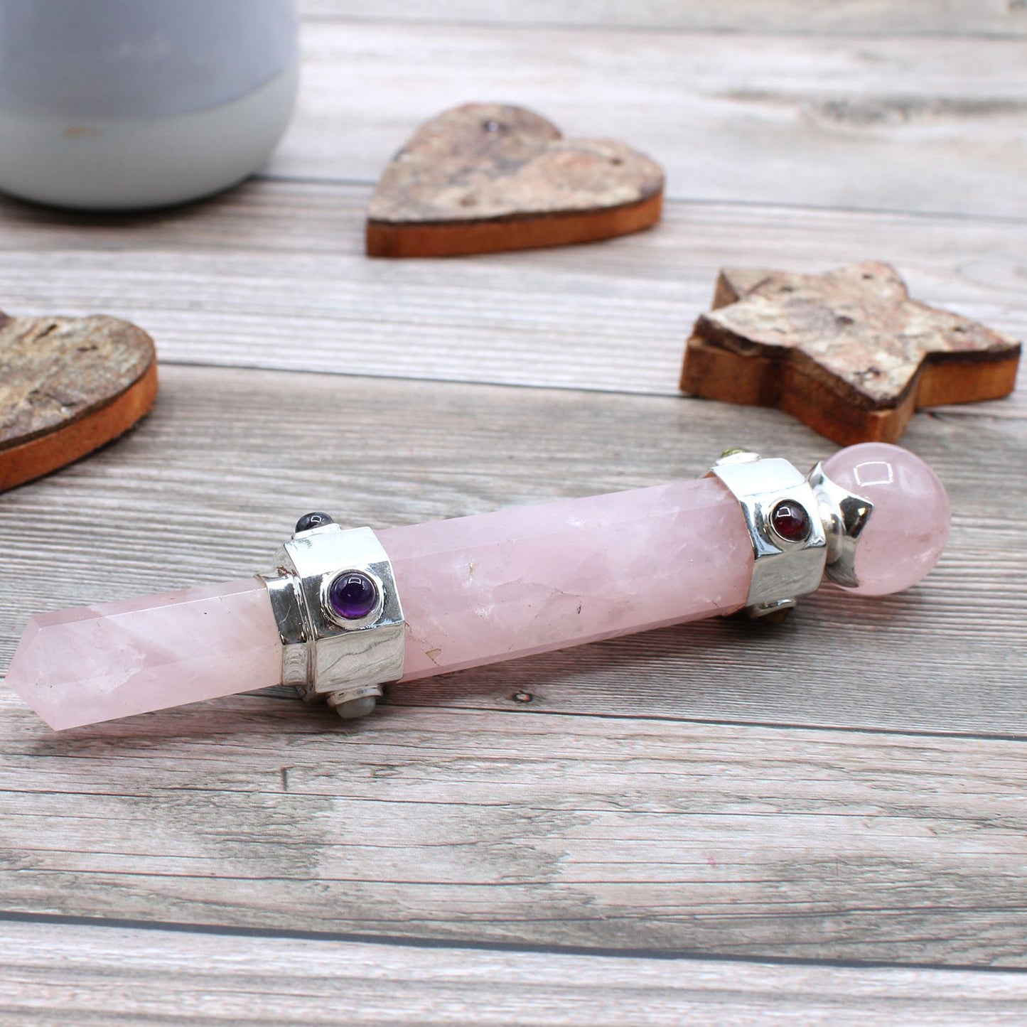 Baguette de soin de cristal hexagonal — Quartz rose · 12 cm