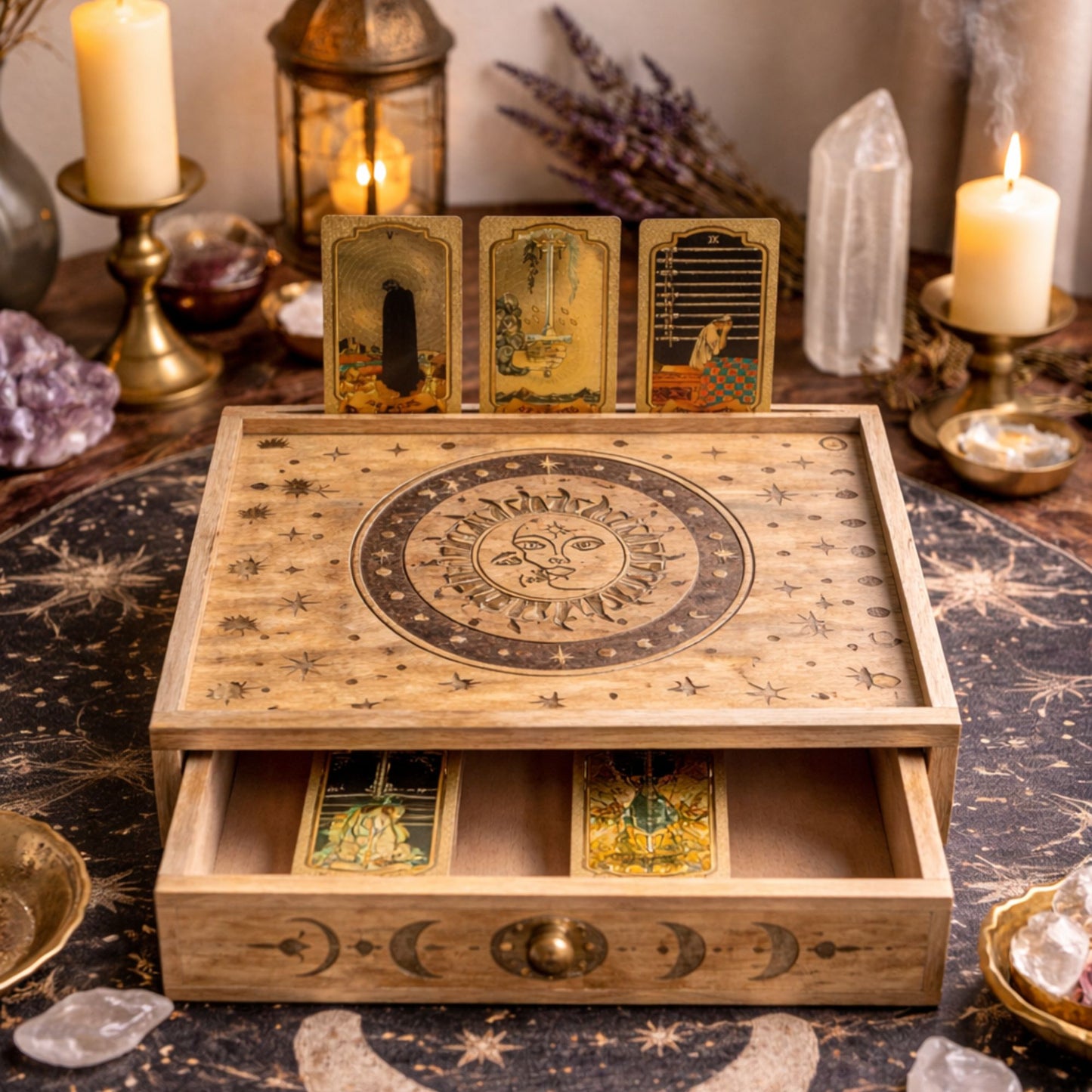 Coffret de tarot sculpté soleil & lune à tiroir