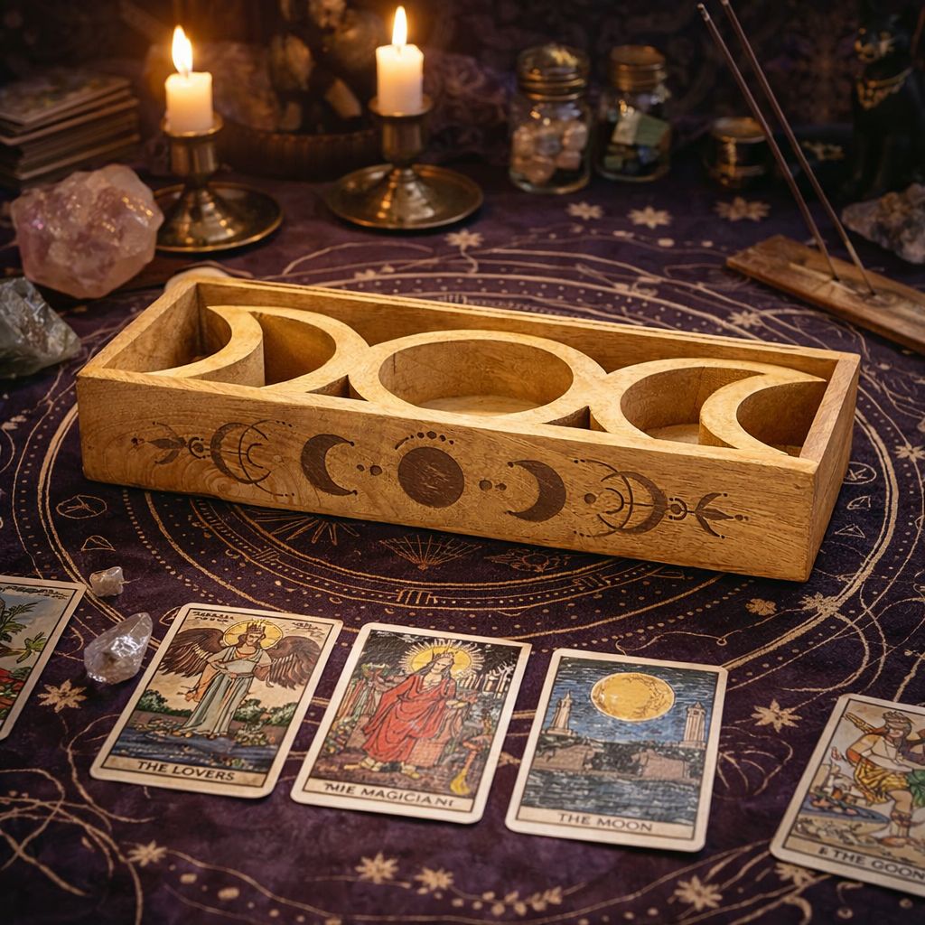 Coffret de rangement — Plateau de tarot à phase lunaire & socle pour cartes