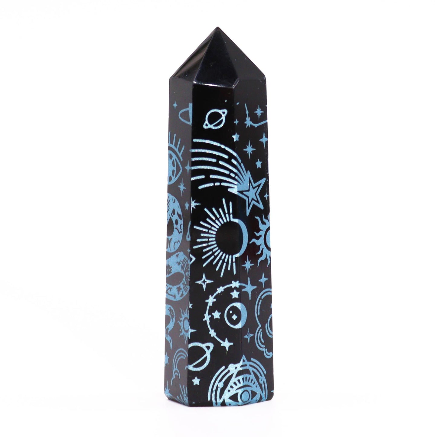 Pointe d’obsidienne noire — Histoire mystique · Bleu ciel · 9cm