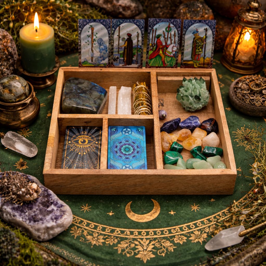 Coffret de tarot à quatre compartiments & socle pour cartes