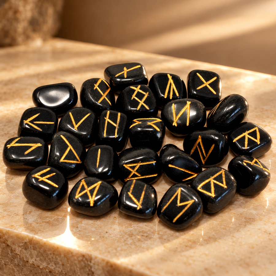 Jeu de runes en agate noire