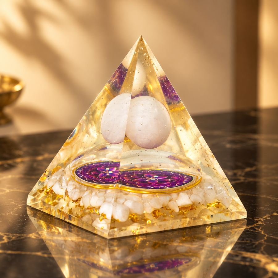 Pyramide d’orgonite sphère de quartz flottante, moyen