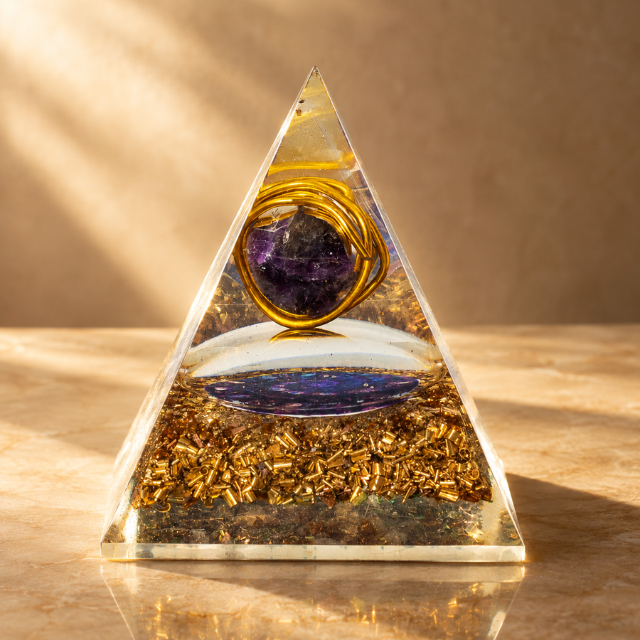 Pyramide d’orgonite avec améthyste et copeaux de cuivre, moyen