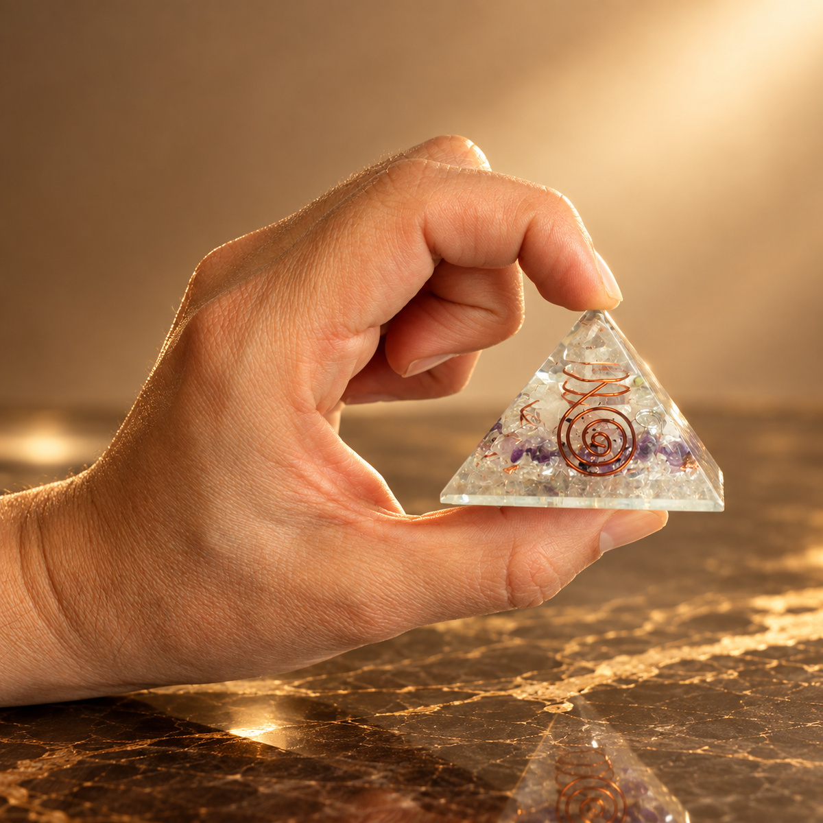 Pyramide d’orgonite éclats de pierres et cuivre 55 mm — vue 2