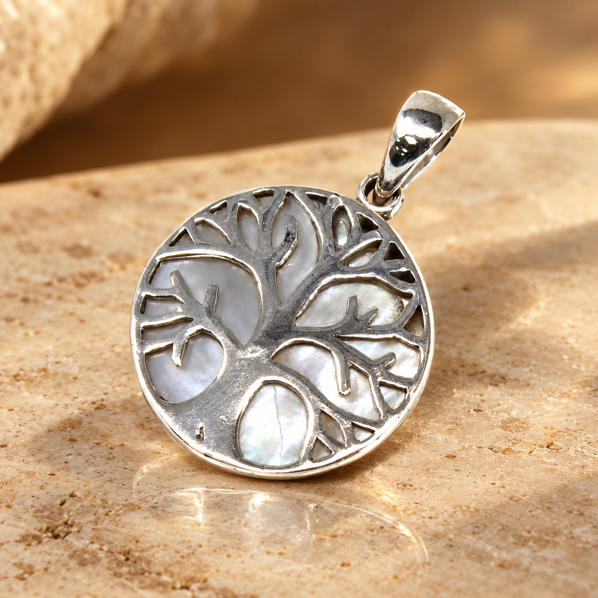 Pendentif arbre de vie en argent 925, nacre, 22 mm