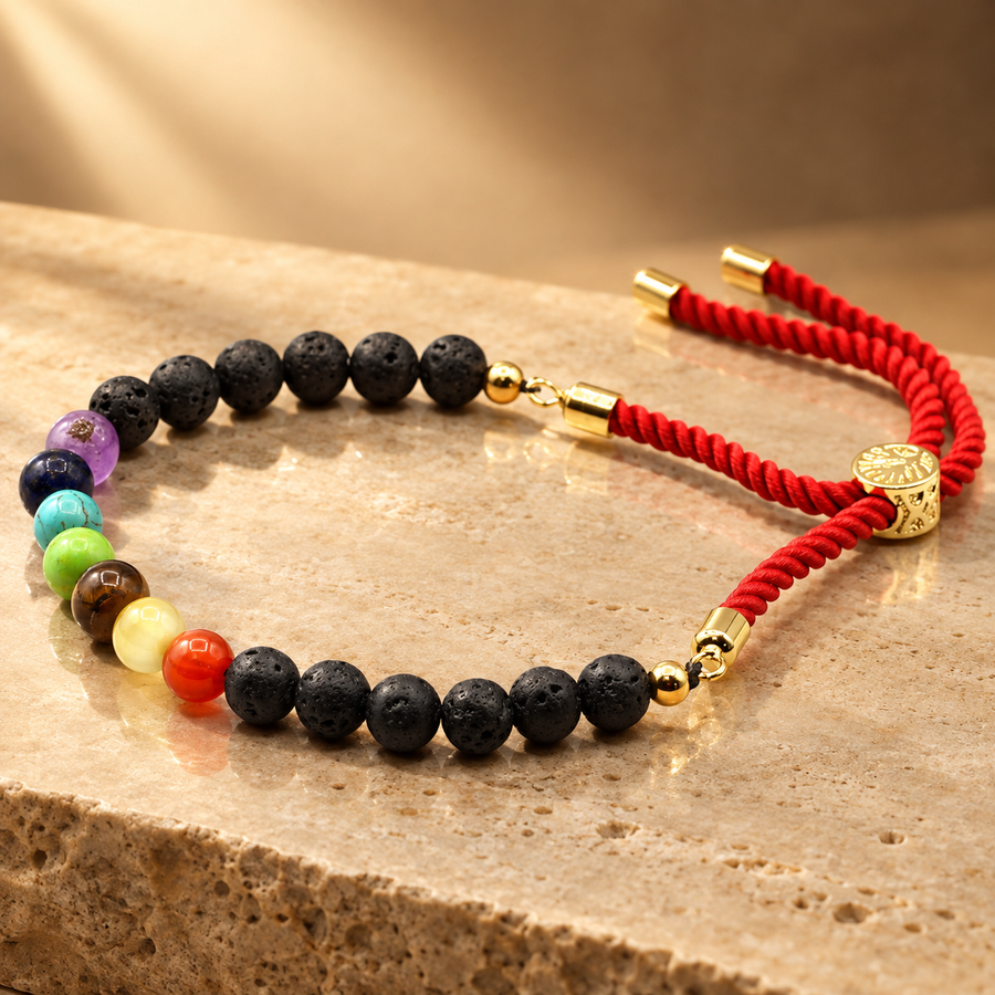 Bracelet ajustable lave et chakras, cordon rouge