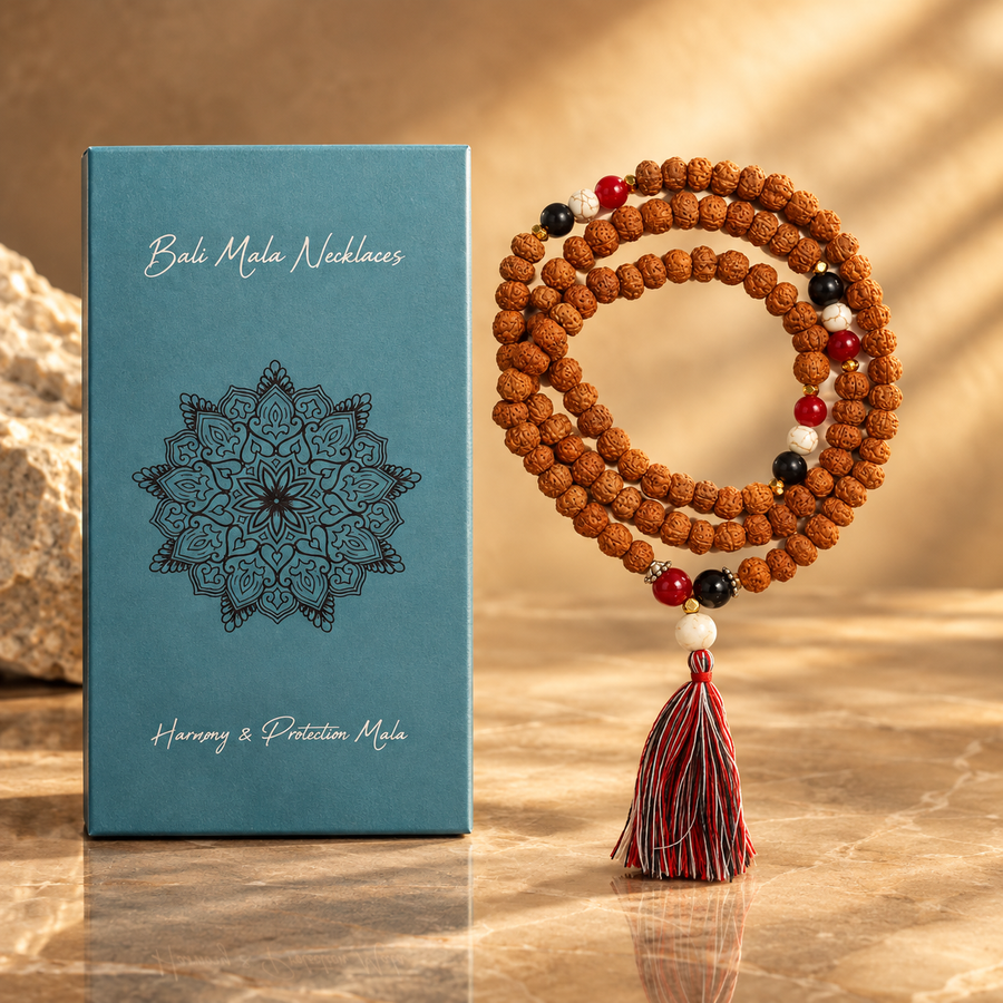 Mala de Bali en rudraksha, harmonie et protection