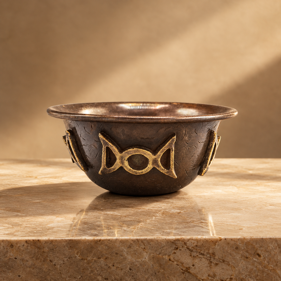 Coupelle rituelle en cuivre ancien, triple lune, 8 × 4 cm