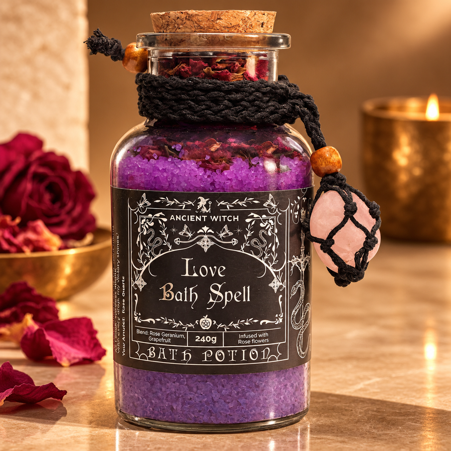 Potion de bain de sorcière, amulette de quartz rose