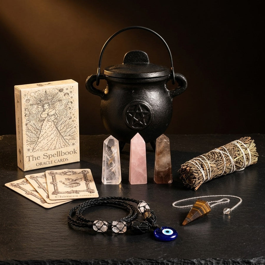 Kit baby witch : le chaudron, la fumigation, le collier de protection, le pendule, les obélisques et l’oracle réunis