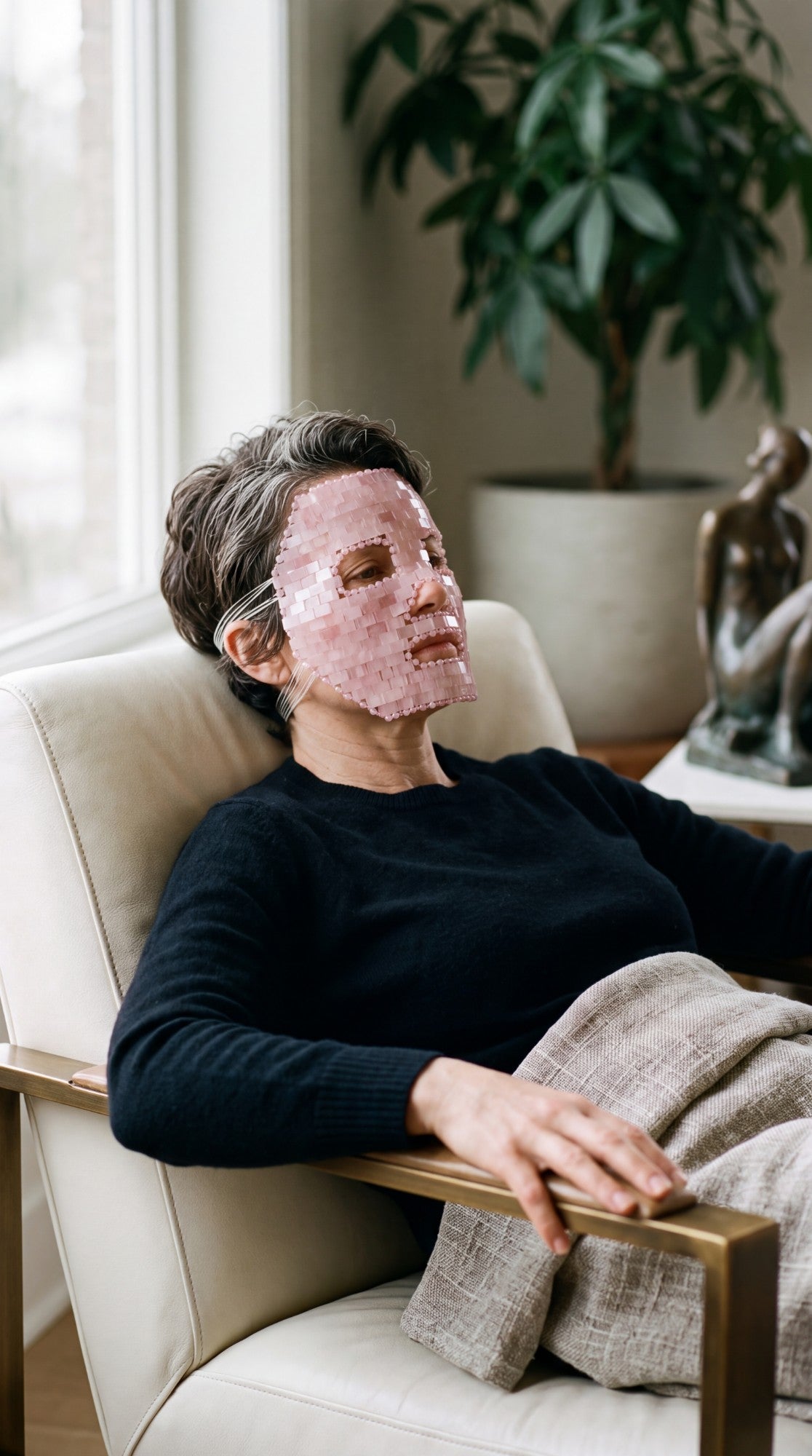 Femme d’environ 50 ans, détendue dans un fauteuil, portant un masque de visage en quartz rose