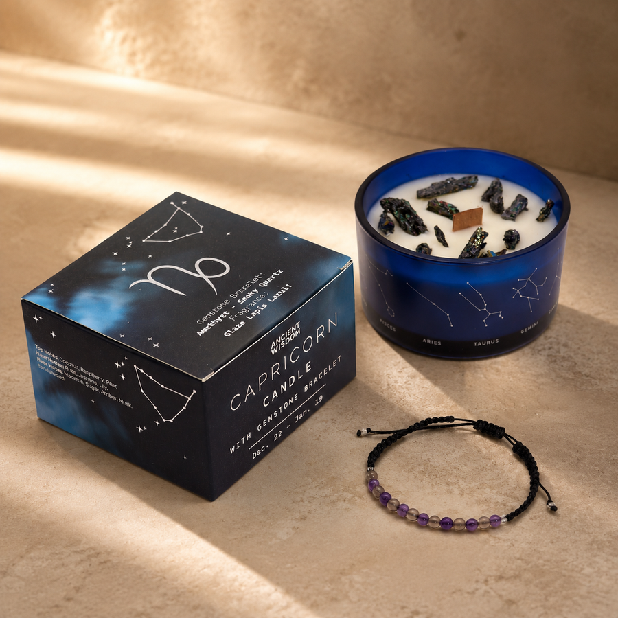 Bougie du zodiaque Capricorne avec bracelet de gemmes