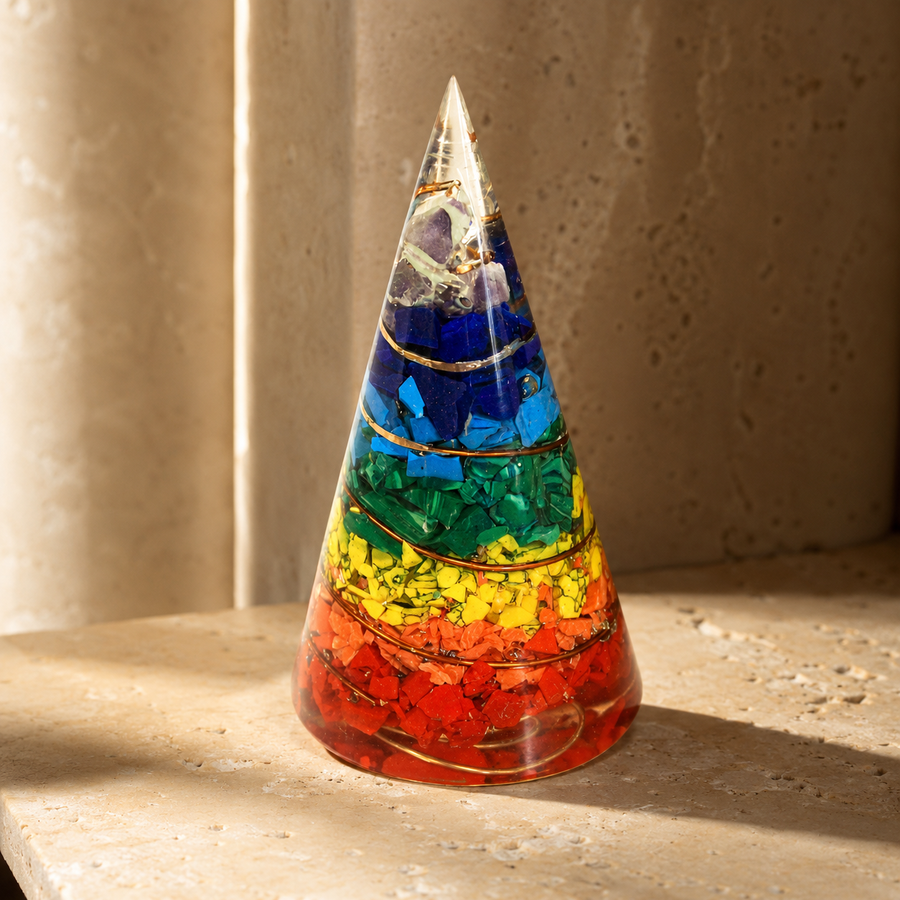 Cône d’orgonite éclats assortis 80 mm