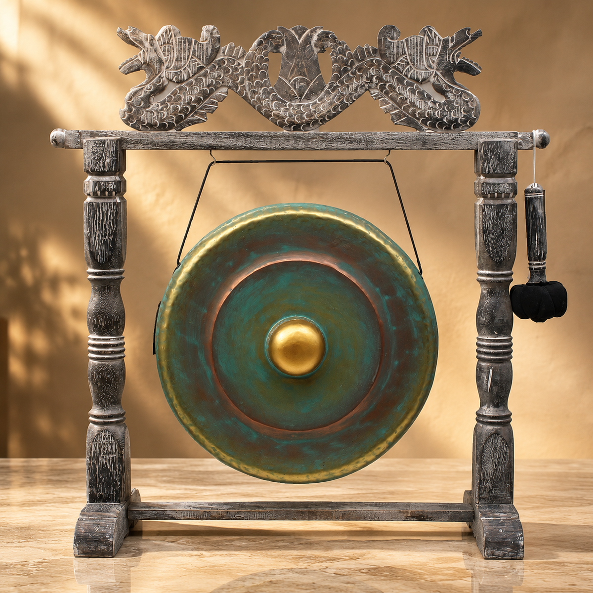 Gong de méditation sur socle vert 50 cm