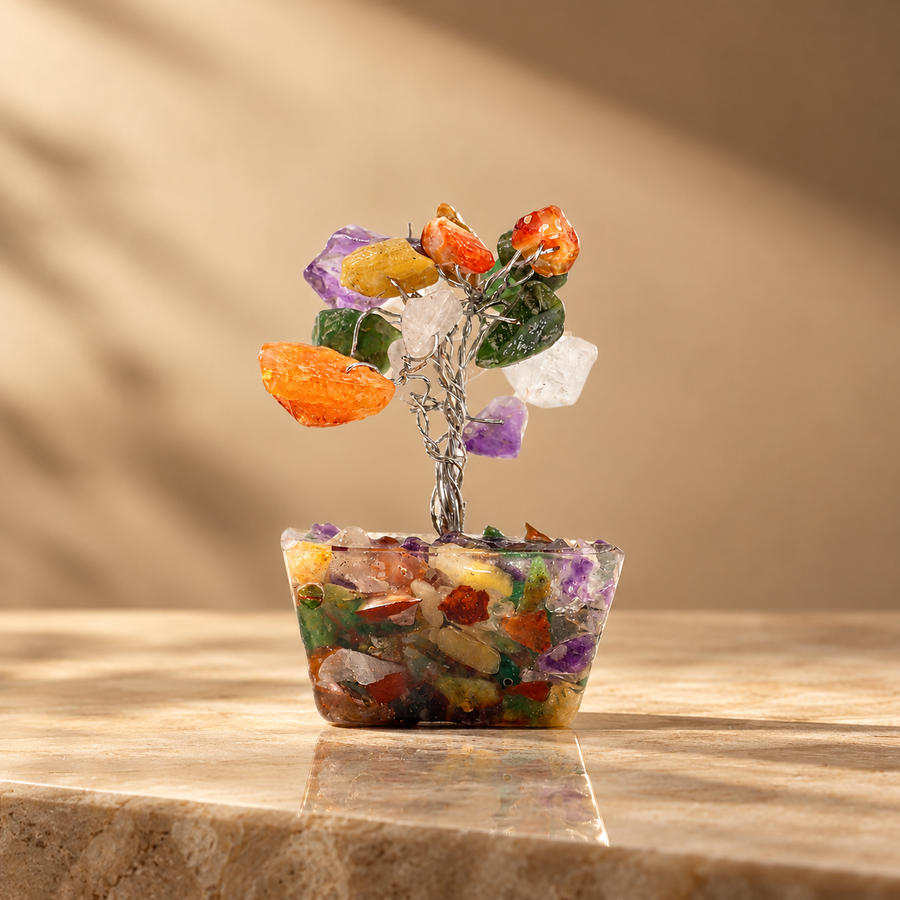 Mini arbre en pierres assorties, socle orgonite, 15 pierres