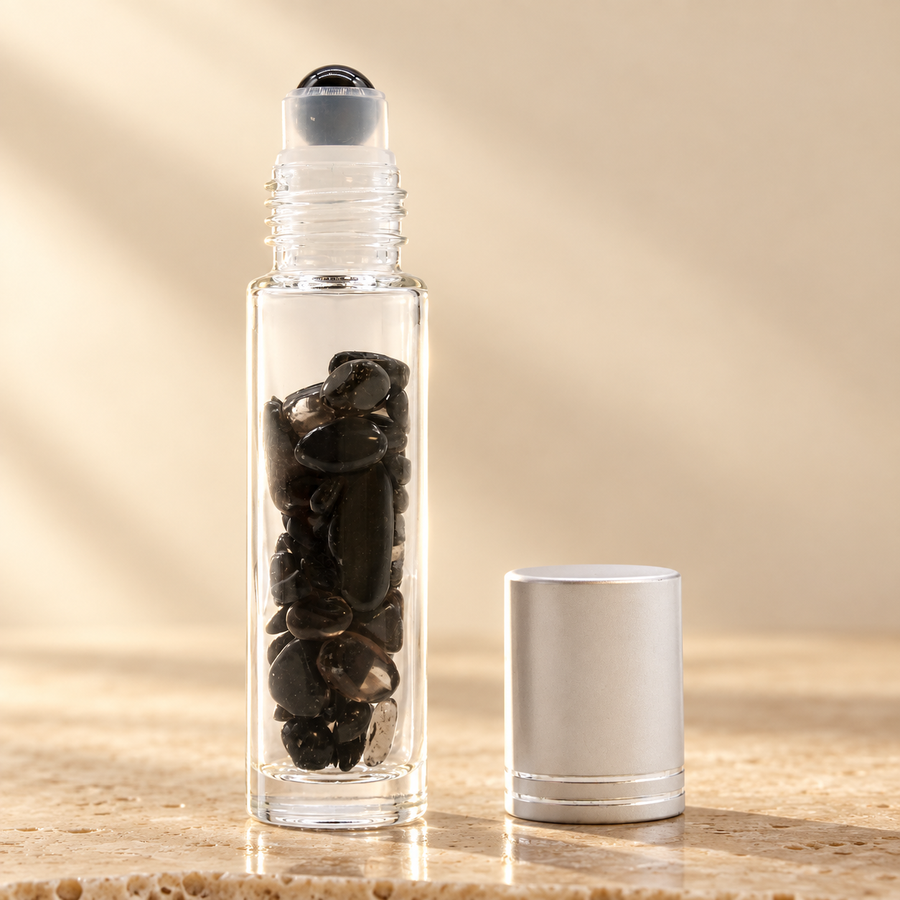 Flacon roll-on en tourmaline noire, bouchon argenté