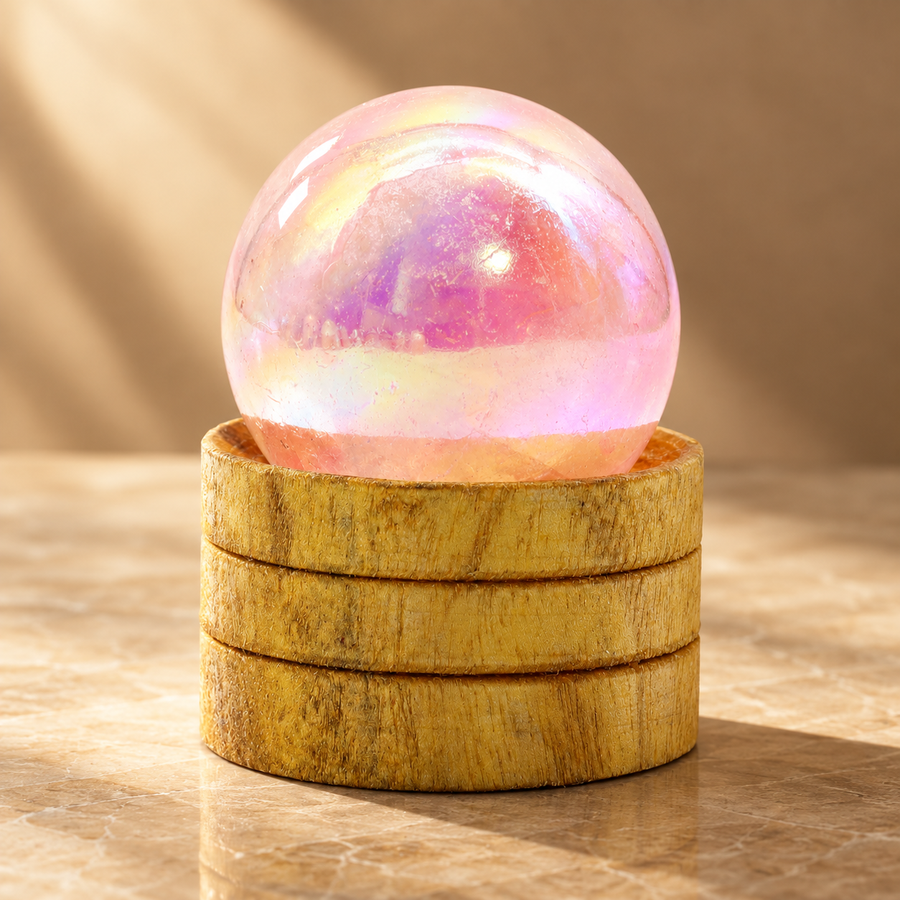Sphère en quartz rose aura de titane sur socle 40 mm
