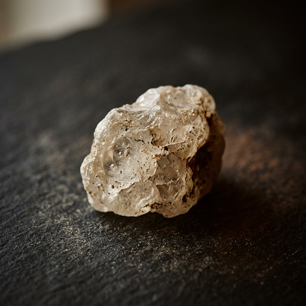 Un cristal brut posé sur une ardoise sombre, éclairé de côté