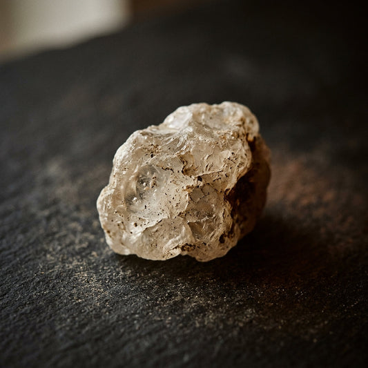 Un cristal brut posé sur une ardoise sombre, éclairé de côté
