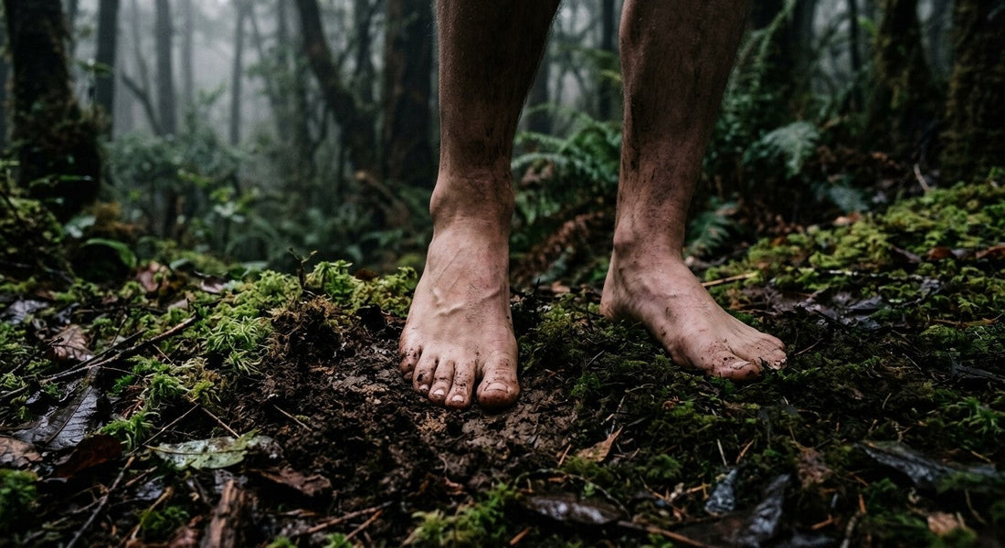 Des pieds nus posés sur la mousse et la terre humide d'une forêt embrumée