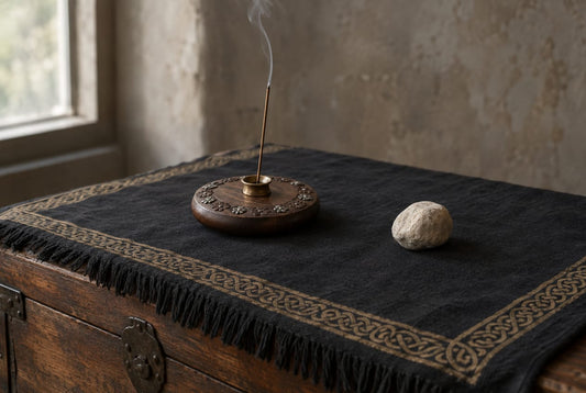 Un autel minimal : une nappe noire à franges sur un coffre, un porte-encens et une pierre