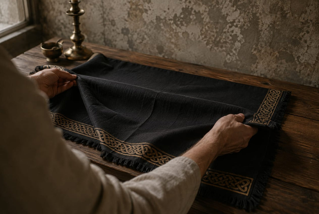 Des mains dépliant une nappe d’autel noire à franges et motifs celtiques sur une table de bois