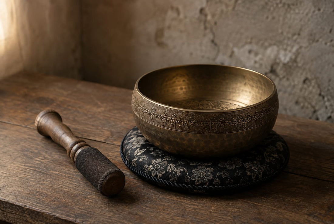 Un bol chantant de bronze martelé posé sur son coussin de brocart, le maillet de bois à côté