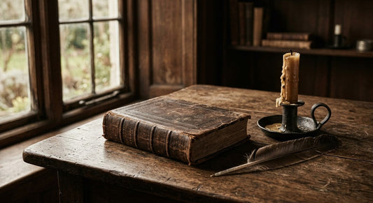Un vieux livre relié en cuir, une bougie et une plume sur un bureau en bois près d'une fenêtre