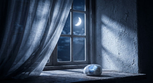 Une fenêtre ancienne au clair de lune, rideau de lin, une pierre de lune posée sur le rebord en bois