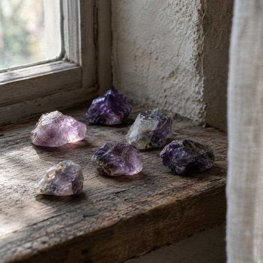 Six améthystes brutes de teintes différentes posées sur un rebord de fenêtre en bois, dans la lumière du jour