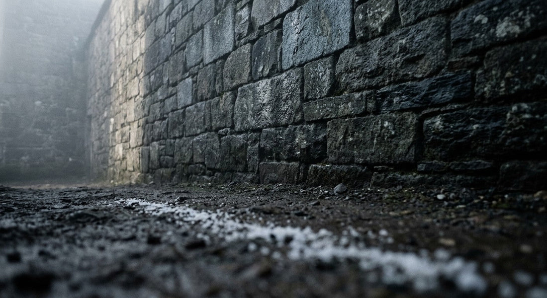 Une ligne de sel tracée au pied d'un mur de pierre ancien, dans la brume