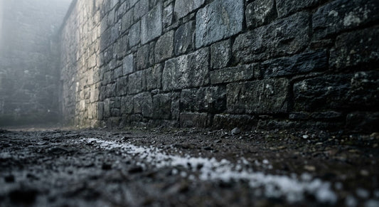 Une ligne de sel tracée au pied d'un mur de pierre ancien, dans la brume