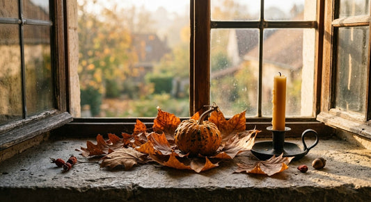 Des feuilles d'automne, une petite courge et une bougie sur un rebord de fenêtre en pierre