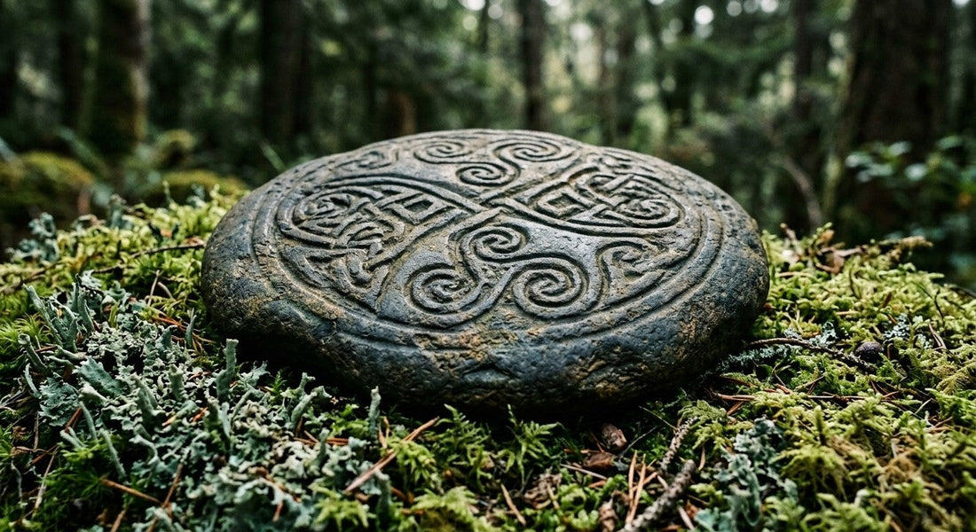 Une pierre gravée de motifs celtiques, posée sur la mousse en forêt