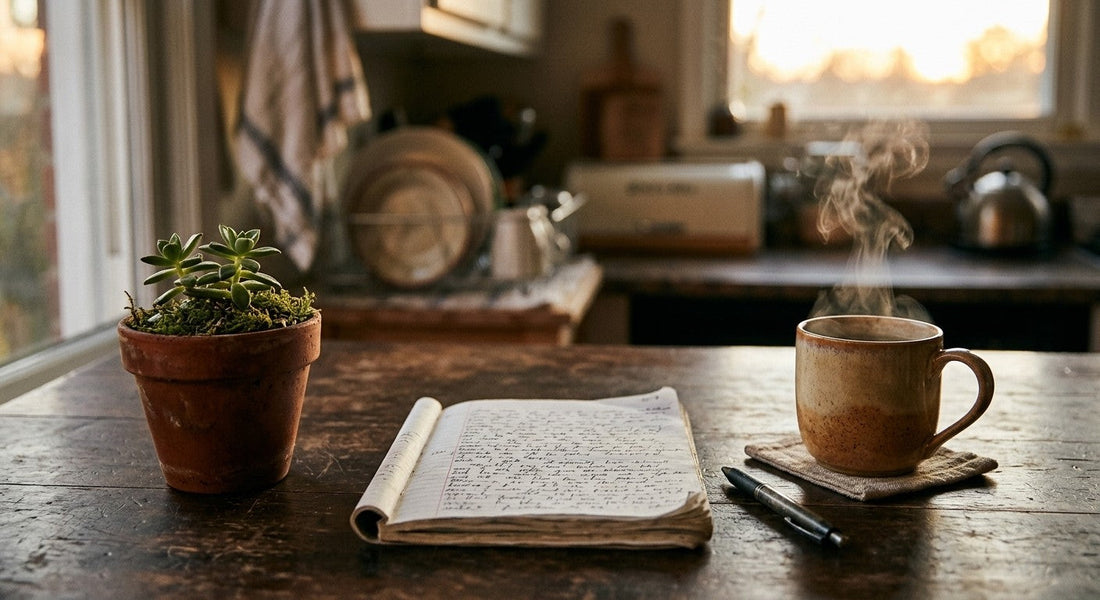 Une table de cuisine avec un carnet manuscrit, une tasse fumante et une jeune plante en pot