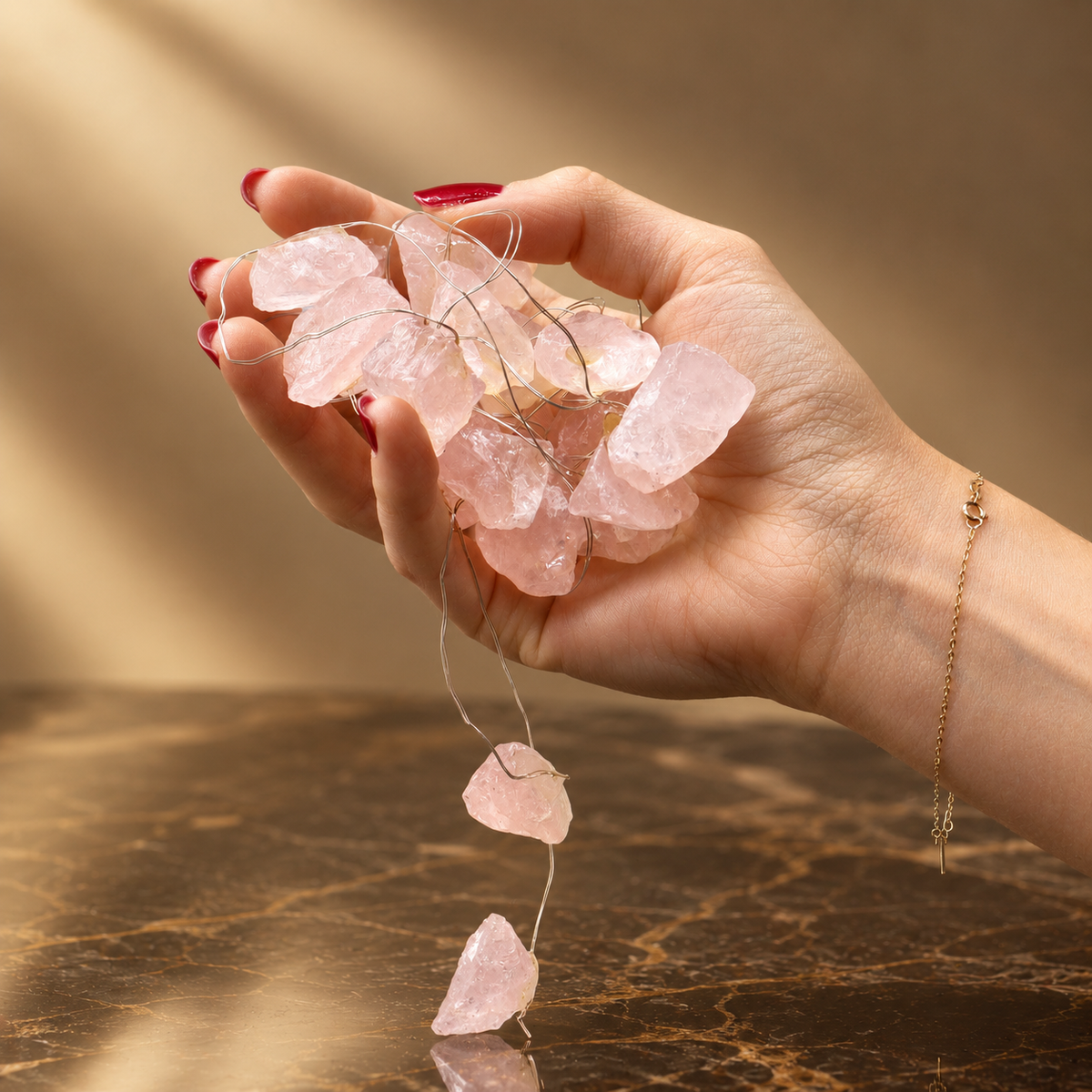 Guirlande lumineuse de gemmes en quartz rose — vue 2