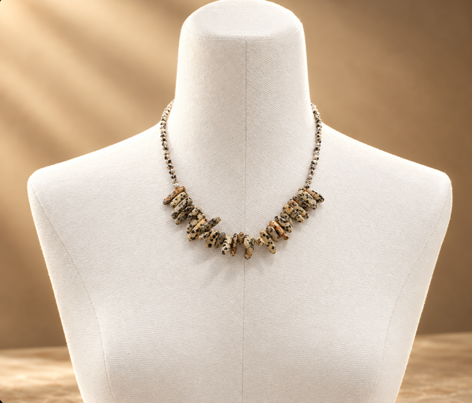 Collier de pierre longue en jaspe dalmatien