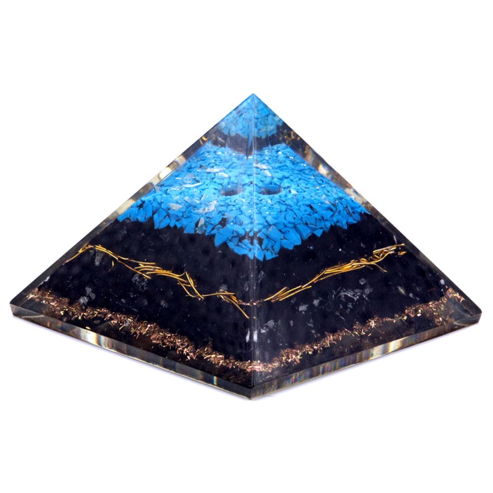 Grande pyramide d’orgonite — Turquoise & tourmaline noire · 70mm